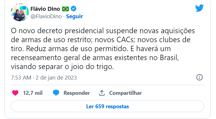 Ministro da justiça Flávio Dino promete recenseamento de armas após decreto de Lula